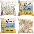 thumbnail image 1 of Sweet Home Spring Flowers Stripes Throw Pillow Covers, 18 x 18 Inch Love Lives Here Cushion Case Decoration for Sofa Couch Set of 4, 1 of 5