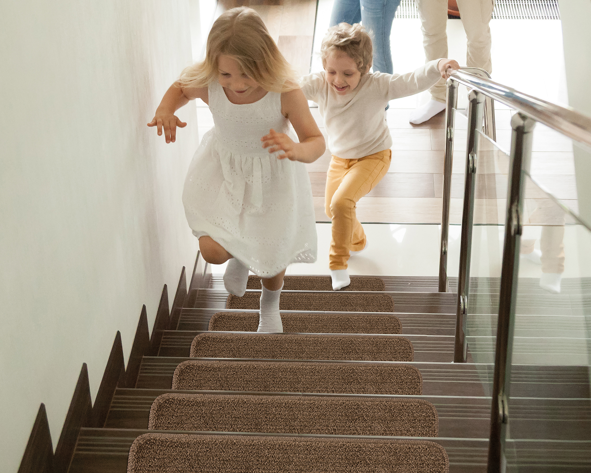 Sweet Home Stores Luxury Washable Non-Slip Rubberback Solid 9" x 26" Indoor Stair Treads, 5 Pack, Brown
