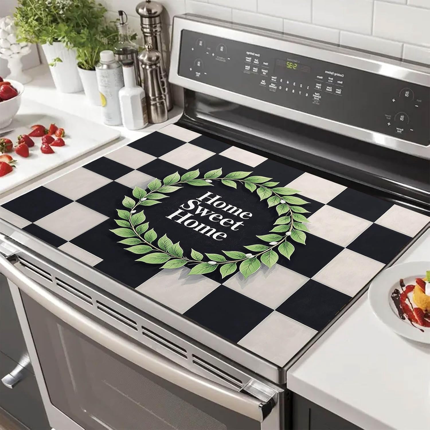 Sweet Home Stove Top Cover for Electric 28x20 Inch Diatomite Kitchen Decor Glass Cooktop Protector Countertop Mat with Black and White Checker Design Stovetop Covers for Kitchen Coffe Bar