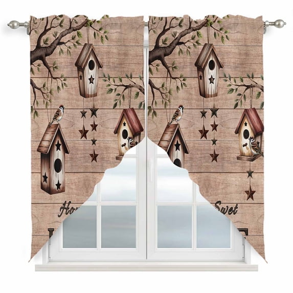Sweet Home Swag Valances for Windows, Kitchen Curtains 36 Inch Length 2 Panels Set, Western Stars Bird Houses Brown Wooden Grain Short Curtains for Small Windows Rod Pocket Cafe Curtains 28"x36"