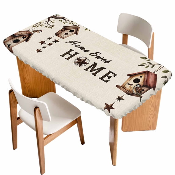 Sweet Home Table Cloths for 6 Foot Rectangle Tables, Western Stars Bird Houses Farmhouse Retro Patio Waterproof Elastic Fitted Tablecloths, Washable Rectangular Table Cover for Camping