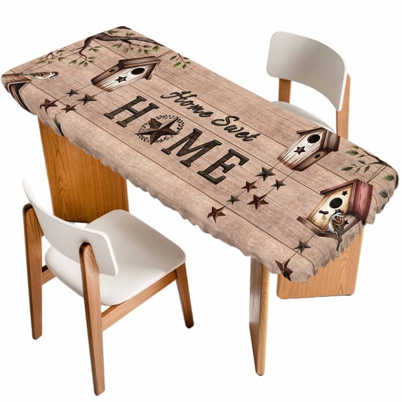 Sweet Home Table Cloths for 8 Foot Rectangle Tables, Western Stars Bird Houses Brown Wooden Grain Patio Waterproof Elastic Fitted Tablecloths, Washable Rectangular Table Cover for Camping