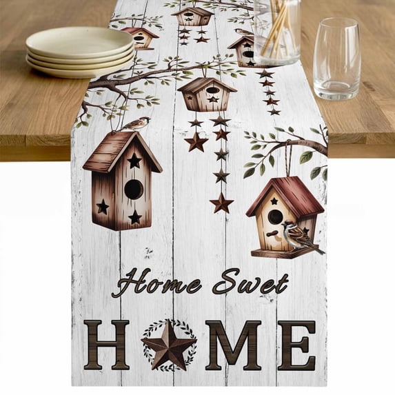 Sweet Home Table Runner - 108 Inch Long Western Stars Bird Houses White Wood Plank Cotton and Linen Blended Dress Scarves Farmhouse Table Runner for Kitchen Dining, Coffee Table, 13" x 108"