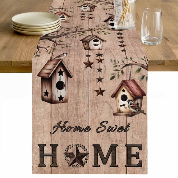 Sweet Home Table Runner - 60 Inch Long Western Stars Bird Houses Brown Wooden Grain Cotton and Linen Blended Dress Scarves Farmhouse Table Runner for Kitchen Dining, Coffee Table, 13" x 60"