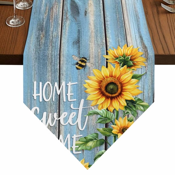 Sweet Home Table Runner for Dining Room, Sunflower Vintage Rustic Lake Blue Stripe Wood Board Cotton Linen Dining Table Runner Tablecloth Dresser Scarves for Kitchen Cafe 13x90 Inches Long