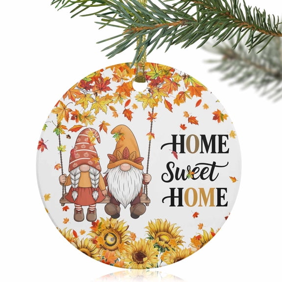 Sweet Home Thanksgiving Gnome Christmas Ceramic Ornament 2025,3" Round Xmas Tree Hanging Accessories with Gold Ribbon