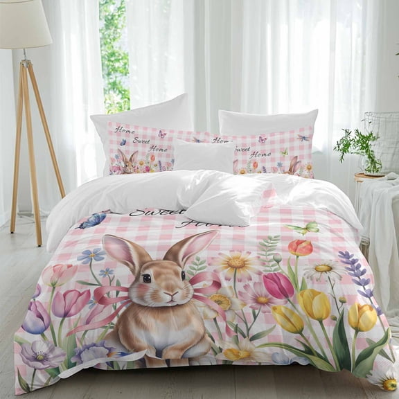 Sweet Home Twin Size Comforter Set, Easter Bunny Spring Butterflies Flowers Pink Plaid Bedding for All Seasons, 4 Pcs Bed Set, 1 Quiltcover (68"x86") ,1Sheet(67"x116"), 2Pillowcases (30"x20")