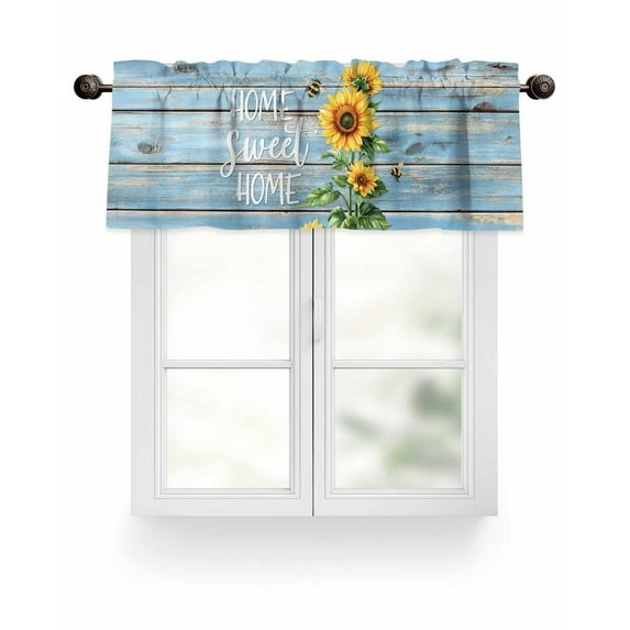 Sweet Home Valances for Windows Sunflower Vintage Rustic Lake Blue Stripe Wood Board Valance Rod Pocket Short Window Treatments Curtains for Kitchen Bathroom Living Room Bedroom, 42 x 12 Inch