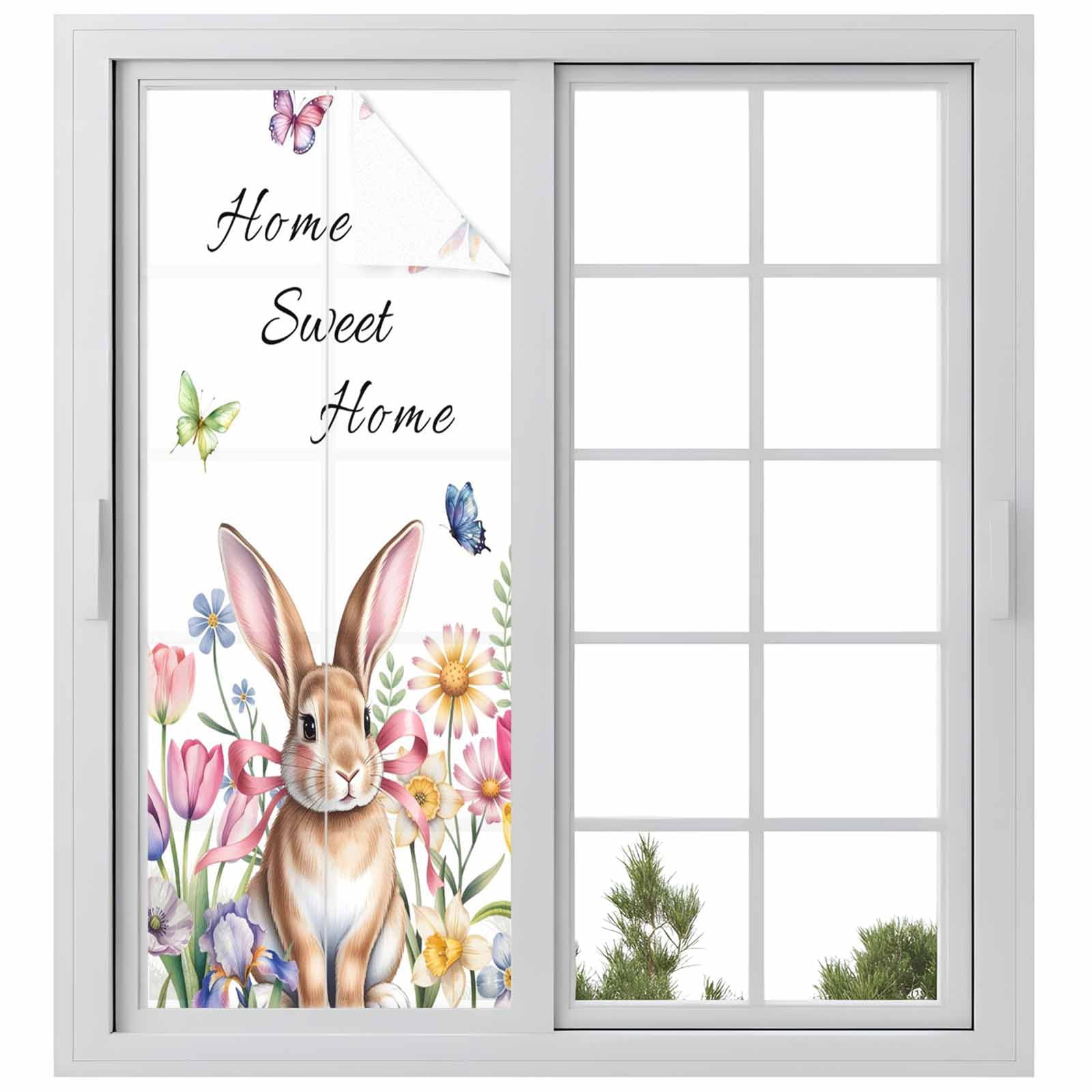Sweet Home Window Privacy Film, Easter Bunny Spring Butterflies Flowers Country Leaf Frosted Glass Window Clings Static Cling UV Heat Blocking Reusable Door Sticker for Bathroom 23.6 x 59 Inch