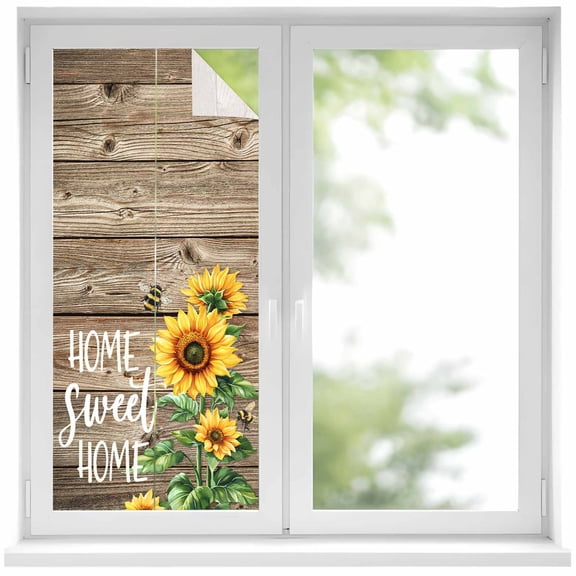 Sweet Home Window Privacy Film Sunflower Vintage Rustic Brown Stripe Wood Board Decorative Glass Window Film UV Blocking Static Cling Non-Adhesive Sticker Covering for Home Door 19.6 x 39.3 inches
