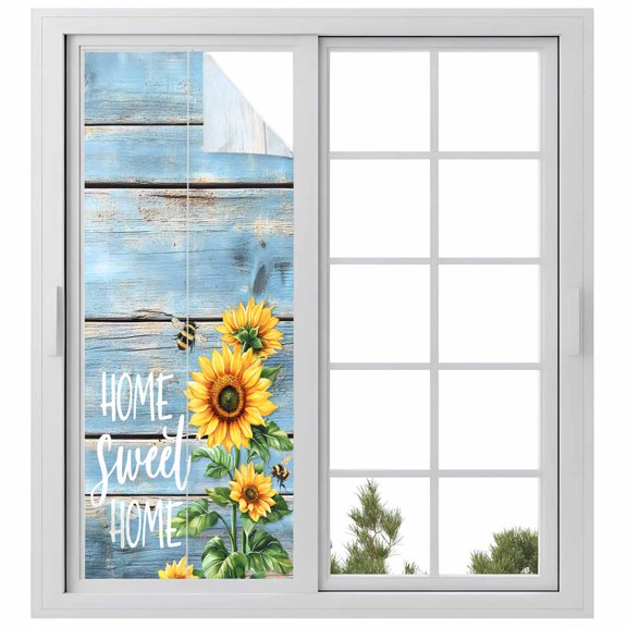 Sweet Home Window Privacy Film Sunflower Vintage Rustic Lake Blue Stripe Wood Board Decorative Glass Window Film UV Blocking Static Cling Non-Adhesive Sticker Covering for Home Door 23.6 x 59 inches