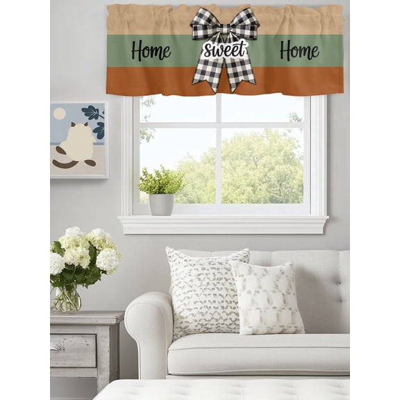 Sweet Home Words Black Plaid Bow Valances for Windows,Kitchen Valance Rod Pocket Short Curtain, Green Brown Striped Valance Curtain Window Valances for Bedroom Bathroom Living Room 60x18in