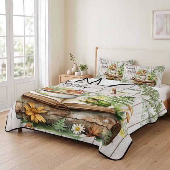 Sweet Home Words Frog 3 Pieces Quilt Set,1 Quilt with 2 Shams,Coffee Mushroom on Wood Board Bedspread Soft Lightweight Bedding Coverlet Comforter Set for All Season 90"x96"