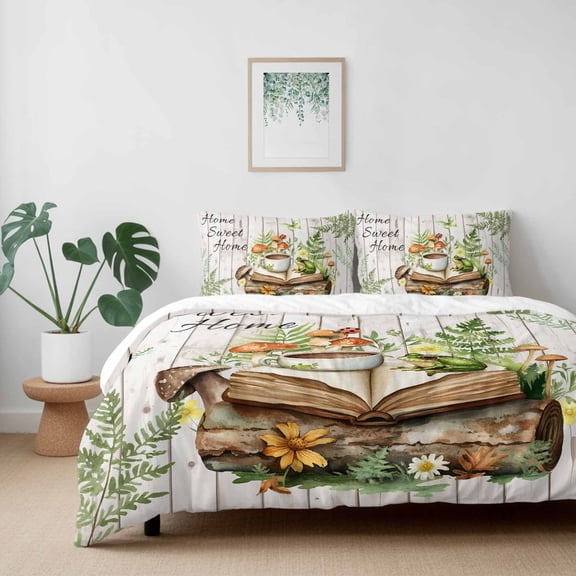 Sweet Home Words Frog California King Size Bed Set,Coffee Mushroom on Wood Board Bedding for All Seasons,4 Pcs Bed Set with 1 Quiltcover (96"x104"),1 Sheet (110"x98"),2 Pillowcases (20"x36")