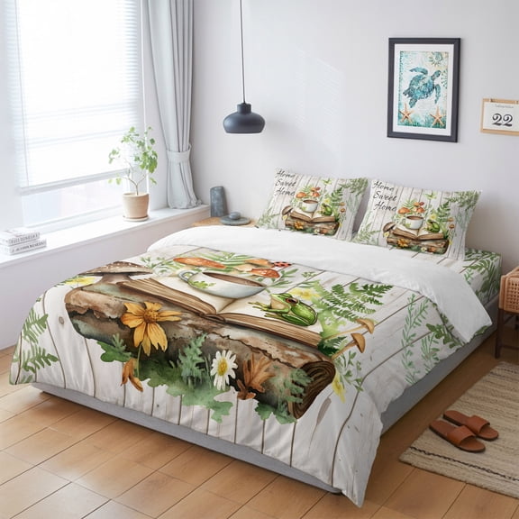 Sweet Home Words Frog King Size Bed Set,Coffee Mushroom on Wood Board Bedding for All Seasons,4 Pcs Bed Set with 1 Quiltcover (104"x90"),1 Sheet (108"x98"),2 Pillowcases (20"x36")