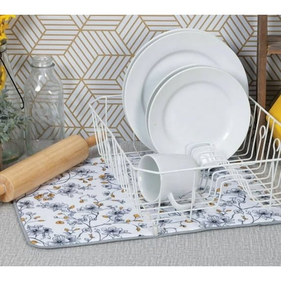 Sweet Home Yellow & Gray Floral Microfiber Countertop Dish Drying Mat By Kay Dee