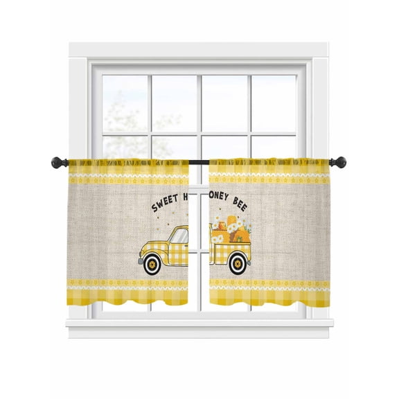 Sweet Honey Bee Sheer Curtains 2 Panels Set Yellow Plaid Truck Daisy Flower Bee Linen Sheer Window Curtains Light Filtering Rod Pocket Voile Drapes for Bedroom Living Room 52"x54"