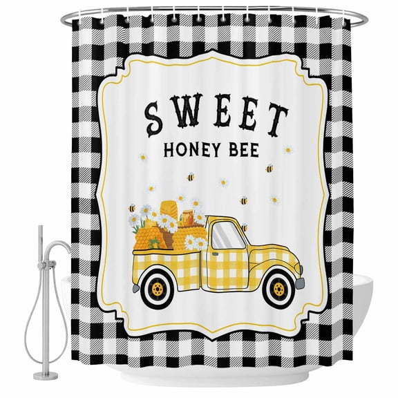 Sweet Honey Bee Shower Curtain, 36" x 72", Yellow Plaid Truck Daisy Flower Honey Farm Waterproof Bathroom Curtain Washable Shower Curtain Set with 12 Hooks
