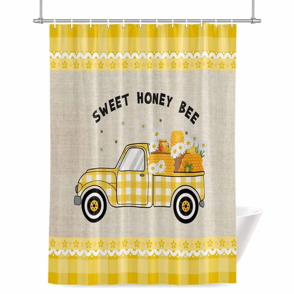 Sweet Honey Bee Shower Curtain, Yellow Plaid Truck Daisy Flower Bee Linen Waterproof Shower Curtain Set with 12 Hooks Lightweight Bath Curtains Fabric Bathroom Decor 36x72 Inches