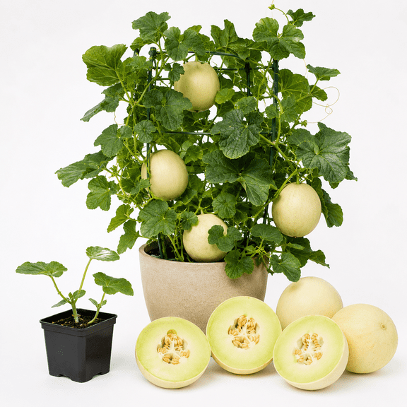 Sweet Honeydew Melon Live Plants, 2 Starter Seedlings in 1 Pot, 3-5 Inch Fruit Vine for Outdoor Garden & Patio