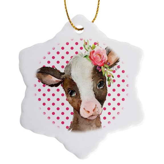 3drose, Sweet Image of Watercolor Calf on Polka Dots, 3 inch Snowflake Porcelain Ornament