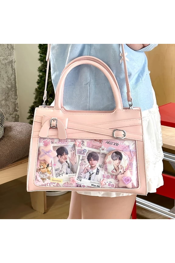 Sweet Japanese Style PU Ruffle Knot Ita Tote Bag for Women, Bow Decor, Clear Display Window, Small Capacity, Handheld Crossbody Bag with Grid Pin Board & Adjustable Strap (10.6"x7.1"x3.9", 1.21lb)
