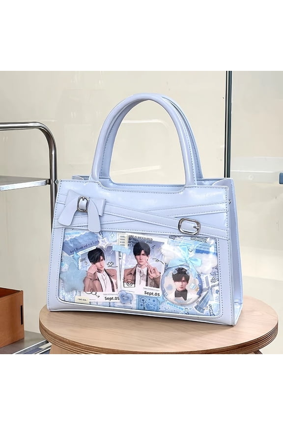 Sweet Japanese Style PU Ruffle Knot Ita Tote Bag for Women, Bow Decor, Clear Display Window, Small Capacity, Handheld Crossbody Bag with Grid Pin Board & Adjustable Strap (10.6"x7.1"x3.9", 1.21lb)
