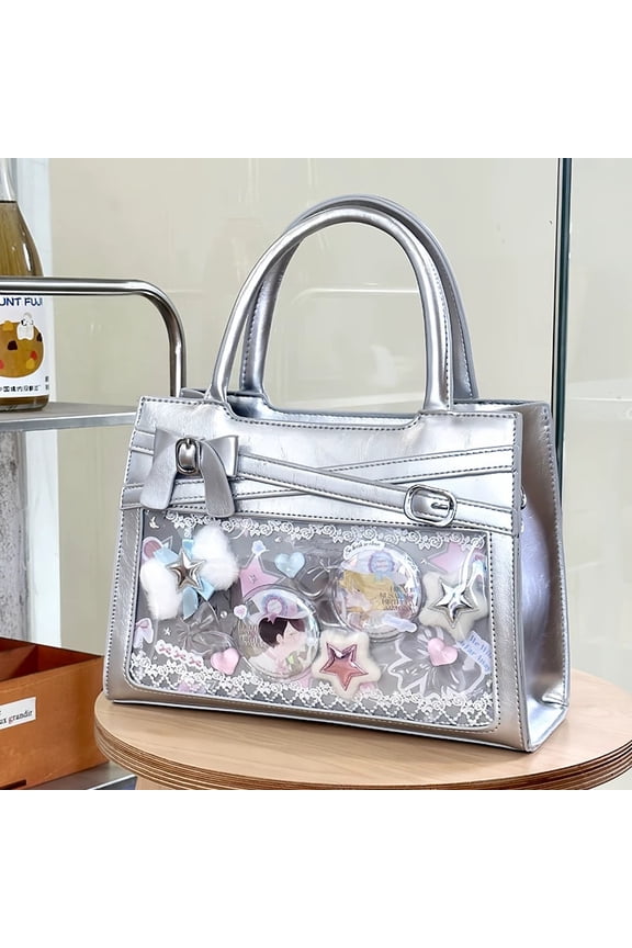 Sweet Japanese Style PU Ruffle Knot Ita Tote Bag for Women, Bow Decor, Clear Display Window, Small Capacity, Handheld Crossbody Bag with Grid Pin Board & Adjustable Strap (10.6"x7.1"x3.9", 1.21lb)