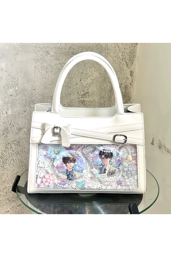 Sweet Japanese Style PU Ruffle Knot Ita Tote Bag for Women, Bow Decor, Clear Display Window, Small Capacity, Handheld Crossbody Bag with Grid Pin Board & Adjustable Strap (10.6"x7.1"x3.9", 1.21lb)