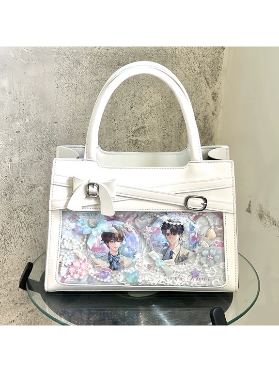 Sweet Japanese Style PU Ruffle Knot Ita Tote Bag for Women, Bow Decor, Clear Display Window, Small Capacity, Handheld Crossbody Bag with Grid Pin Board & Adjustable Strap (10.6"x7.1"x3.9", 1.21lb)