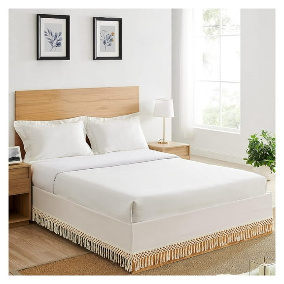 Sweet JoJo Designs Minimalist Macrame Boho Chic Ivory 60x80 Full/Queen Size Bed Skirt with 14" Drop Luxury Fringe Knotted Cotton Tassel Decorative Dorm Teen Home Bedroom Decor Dust Ruffle Washable