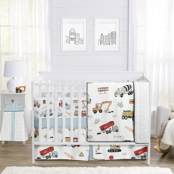 Sweet Jojo Designs Construction Truck White Red Blue Crib Bedding + BreathableBaby Breathable Mesh Liner Pad