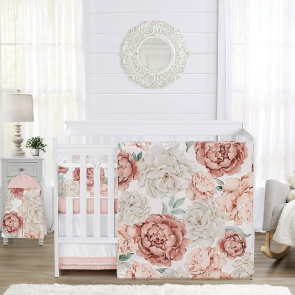 Sweet Jojo Designs Peony Floral Garden Pink Ivory Crib Bedding + BreathableBaby Breathable Mesh Liner Pad