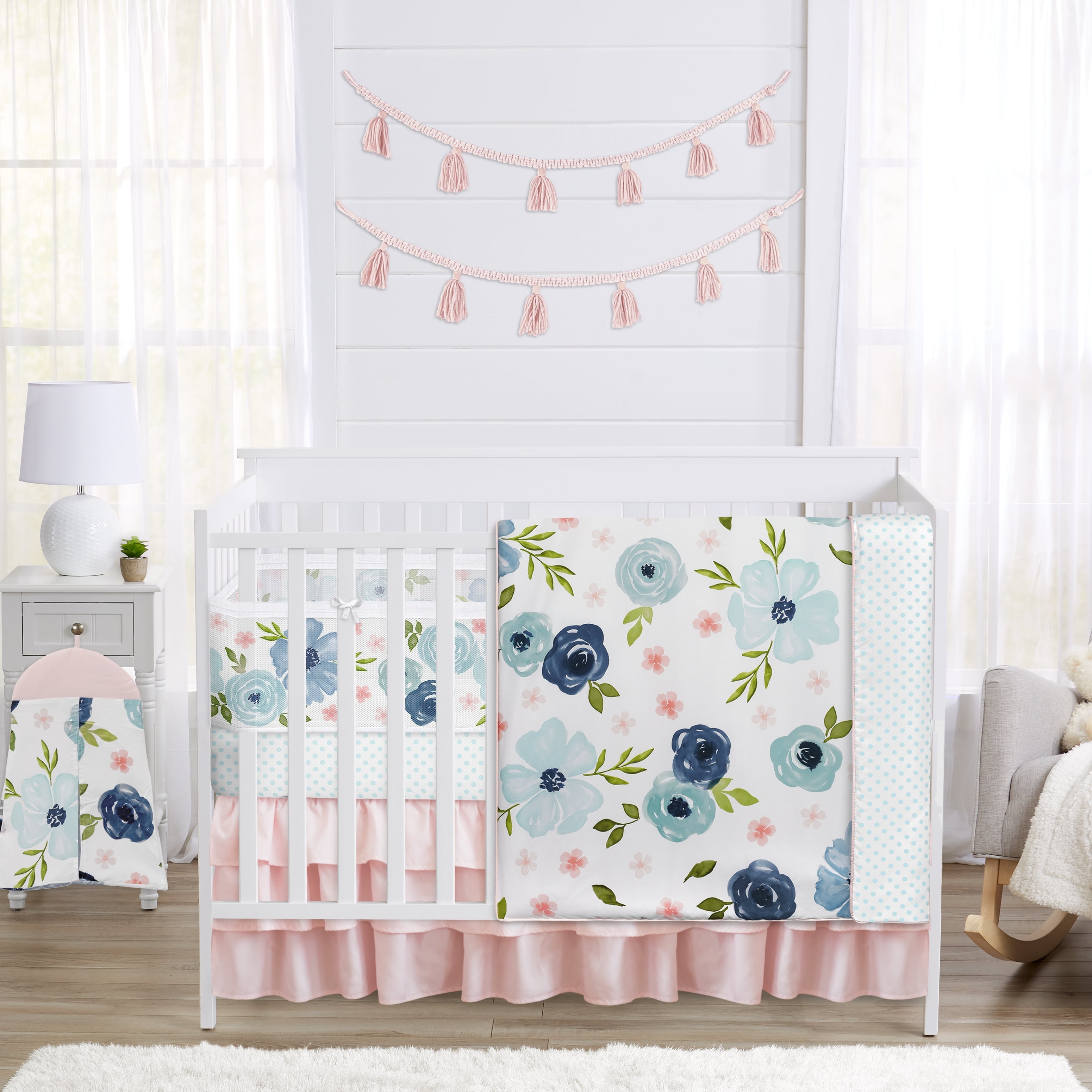 Sweet Jojo Designs 6 Piece Crib Bedding + BreathableBaby Breathable Mesh Liner Watercolor Floral Navy Blue And Pink Girl