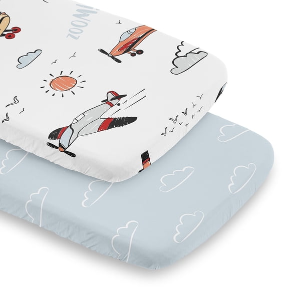 Sweet Jojo Designs Airplane Blue Red and Grey Baby Bassinet Fitted Sheets 2 Piece Set