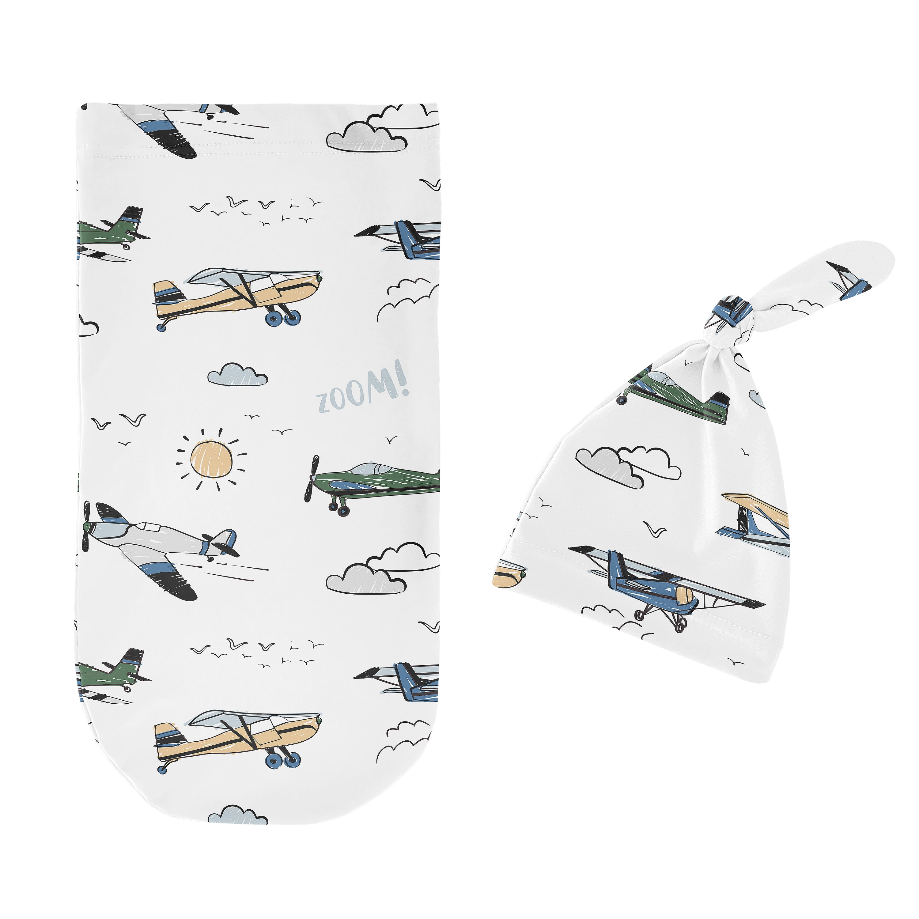 Sweet Jojo Designs Airplane Green and Blue Boy Baby Cocoon and Beanie Hat Sleep Sack Set 2 Piece