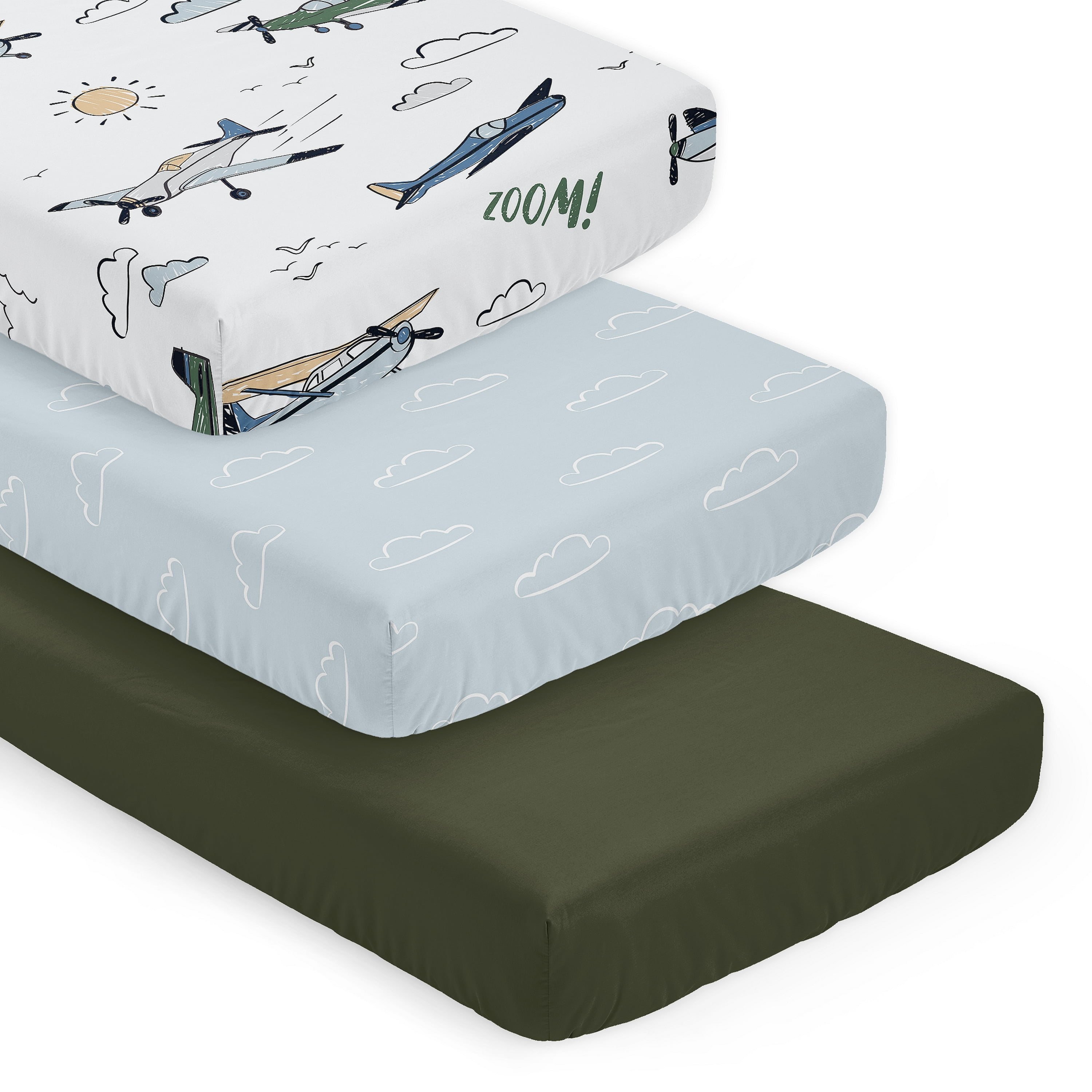 Sweet Jojo Designs Airplane Green and Blue Boy Fitted Crib Sheets Set 3 Piece
