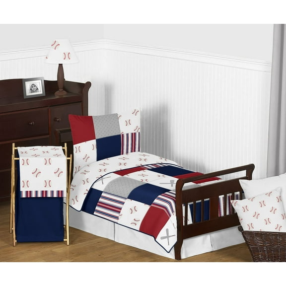 Sweet Jojo Designs Baseball Patch Red, White, Blue and Grey Toddler Bed Comforter 5 Piece Bedding Set