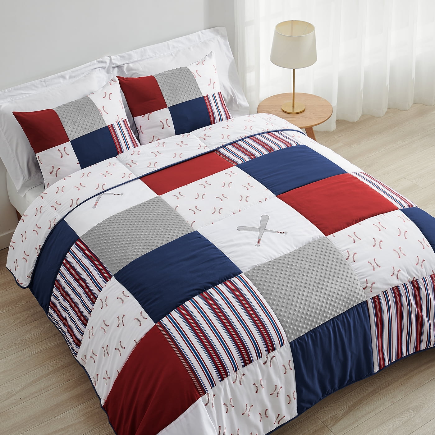 Blue and Red Baseball Patch Twin Microfiber Comforter Set