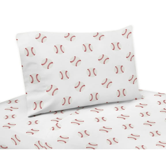 Sweet Jojo Designs Baseball Patch Red and White 4 Piece Queen Size Sheet Set - 4 piece