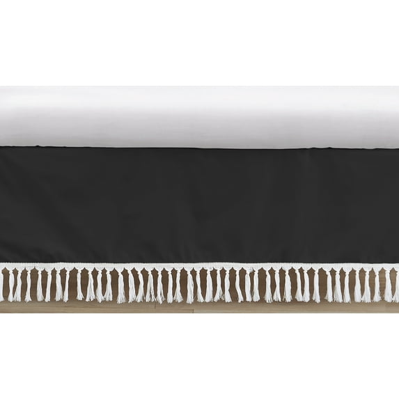 Sweet Jojo Designs Black Boho Bohemian Boy or Girl Baby Crib Bed Skirt Nursery Dust Ruffle - Solid Color White Farmhouse Chic Unisex Minimalist Tassel Fringe Macrame Gender Neutral Unisex Textured