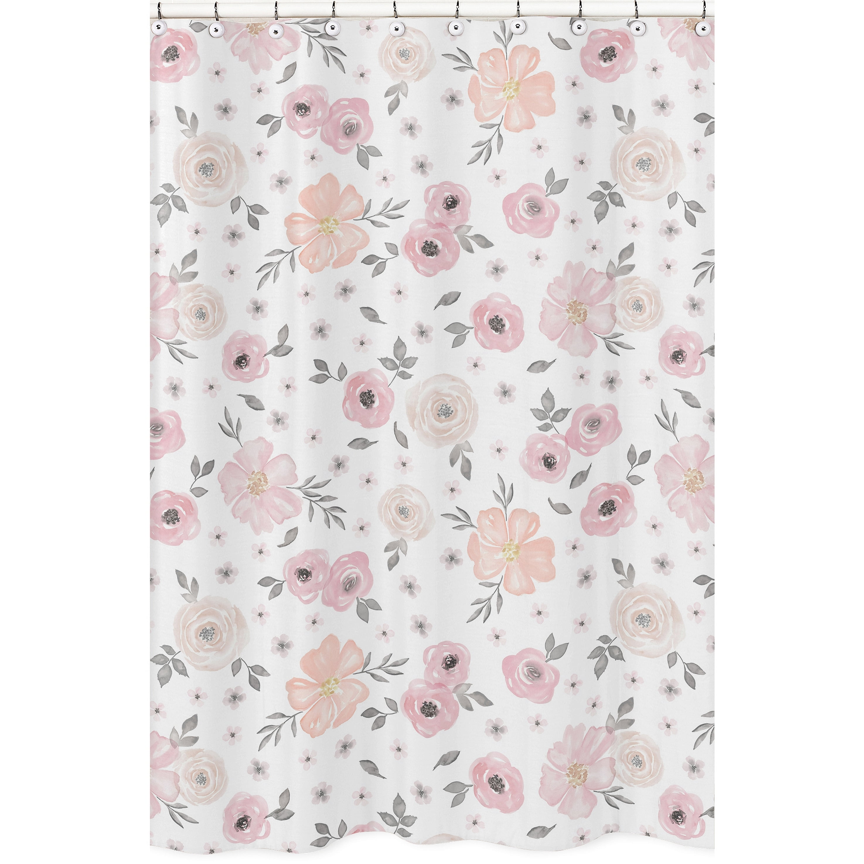 Blush Pink and Grey Watercolor Floral Fabric Shower Curtain
