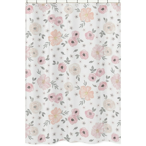Sweet Jojo Designs Blush Pink, Grey and White Watercolor Floral Collection Bathroom Fabric Bath Shower Curtain
