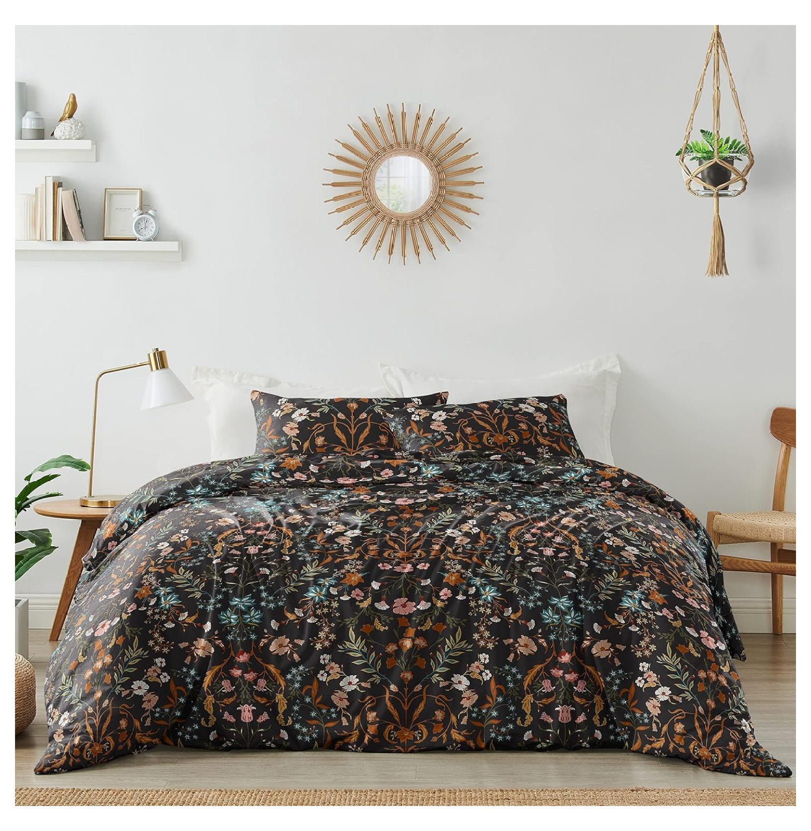 Boho Floral Black and Orange Cotton King Duvet Cover Set