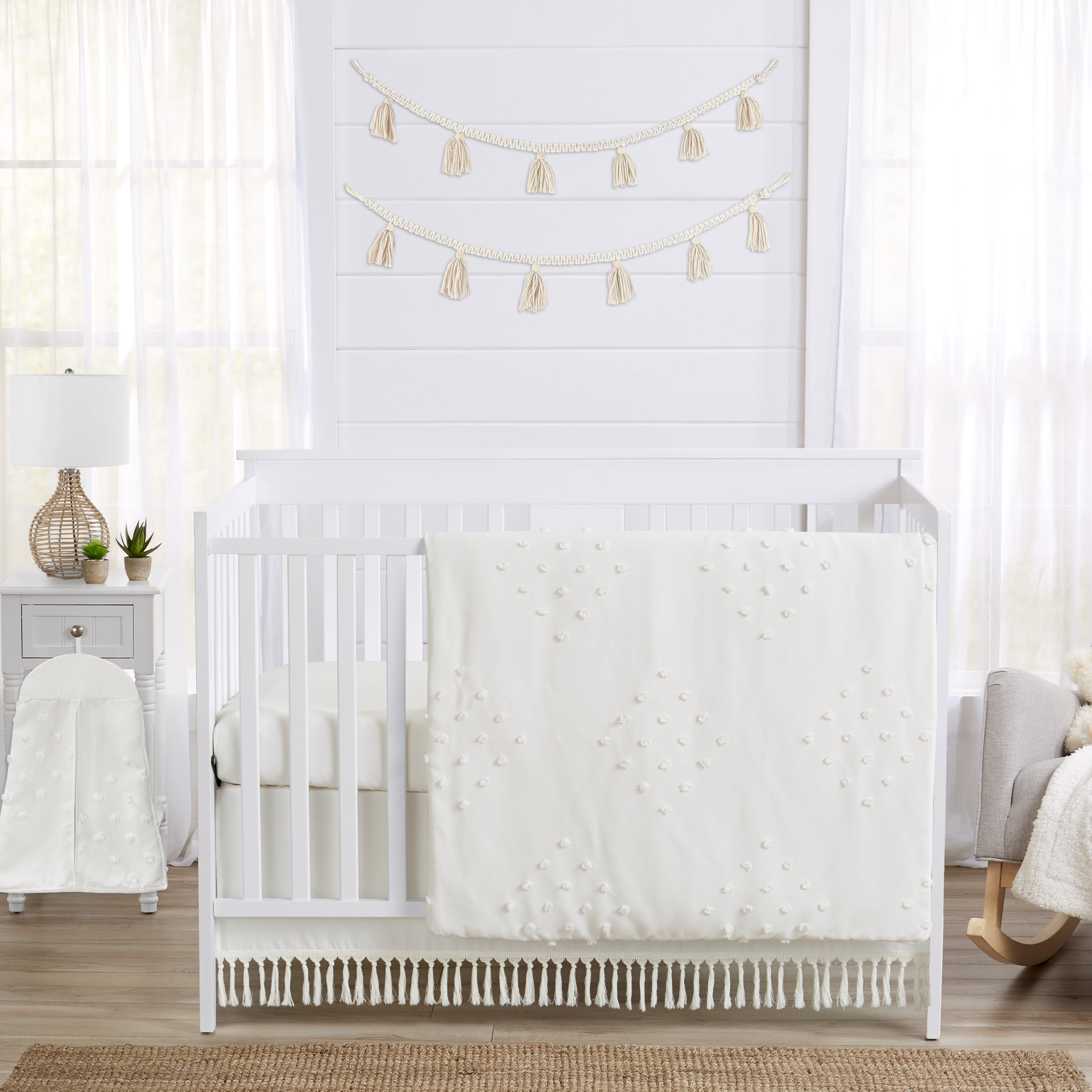 Ivory Microfiber Boho Dot Toddler Comforter with Macrame Fringe