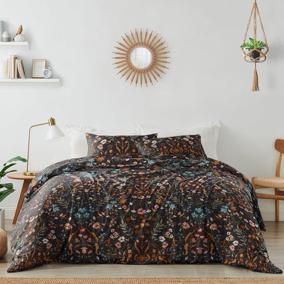 Sweet Jojo Designs Boho Floral Wildflower Black Orange Blue Green Twin Duvet Cover Bedding Set 2 Piece Set
