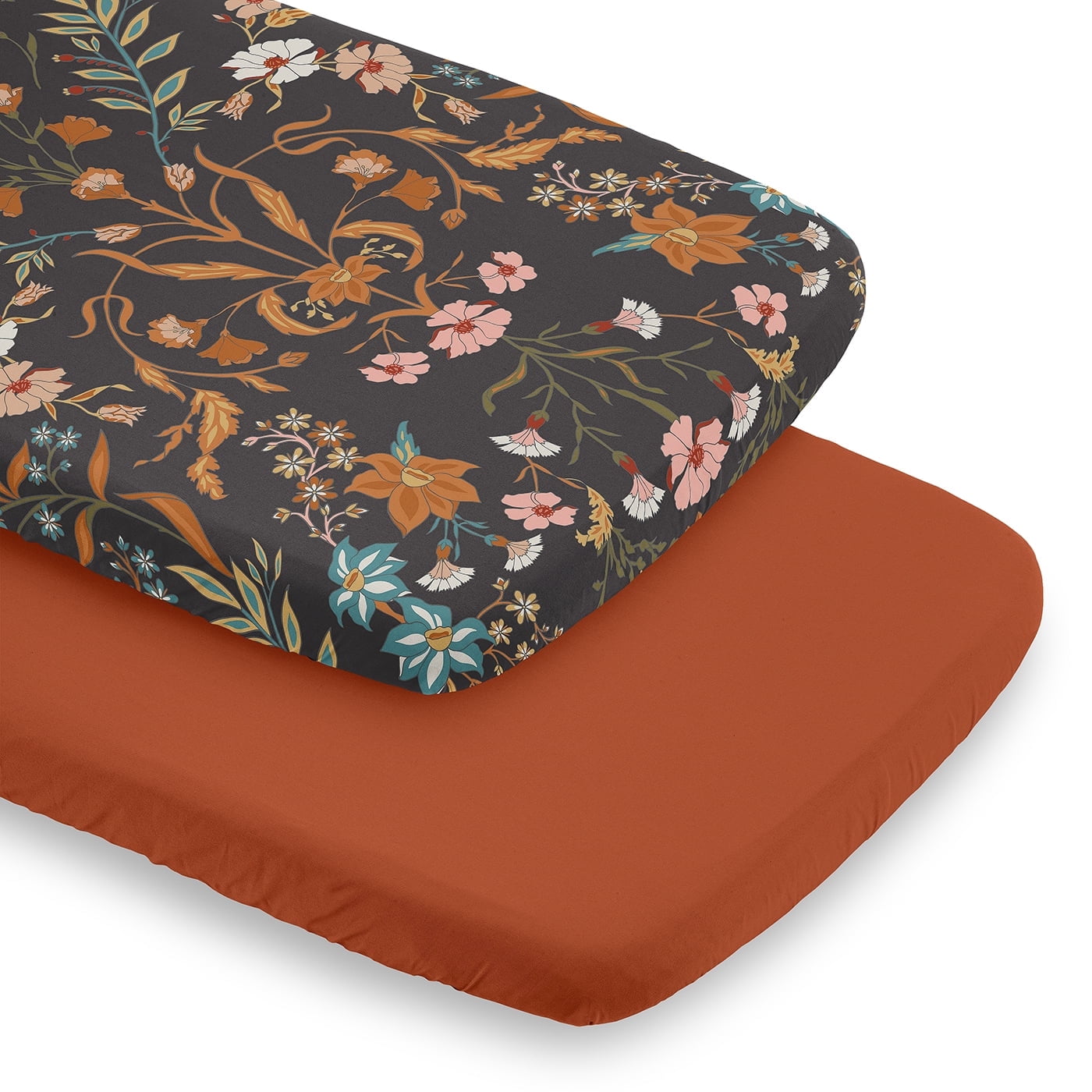 Sweet Jojo Designs Boho Floral Wildflower Black Orange and Blue Baby Bassinet Fitted Sheets 2 Piece Set