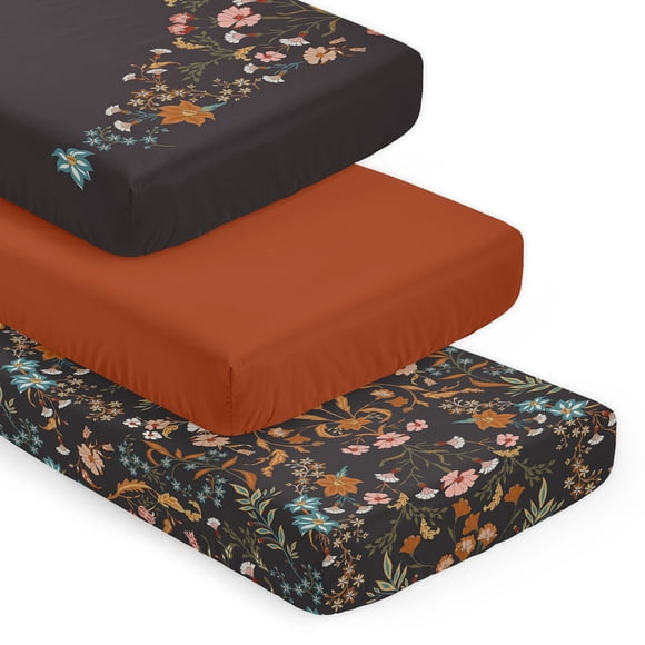 Sweet Jojo Designs Boho Floral Wildflower Black and Orange Girl Fitted Crib Sheets Set 3 Piece