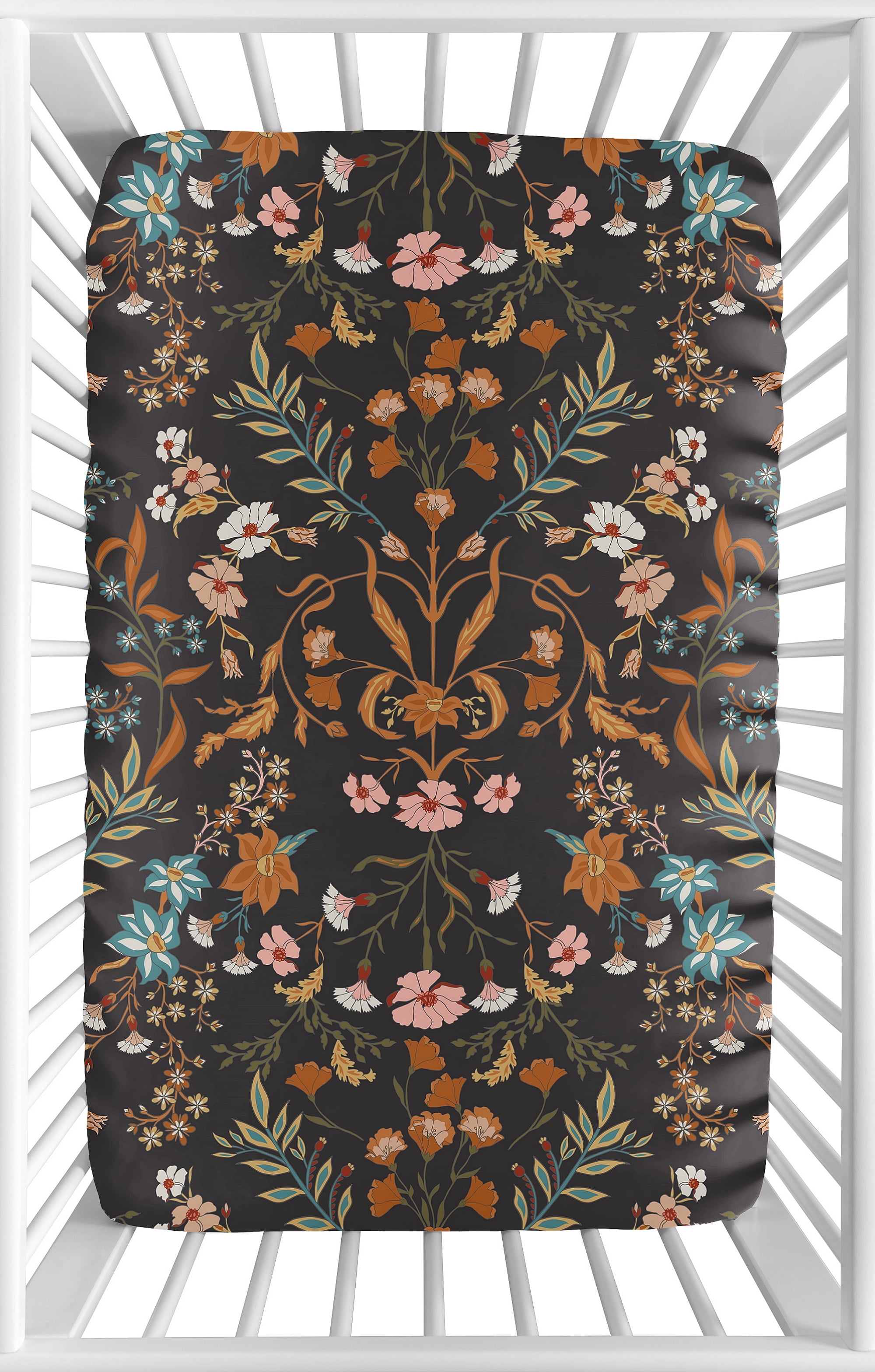 Sweet Jojo Designs Boho Floral Wildflower Black and Orange Girl Mini Fitted Crib Sheet