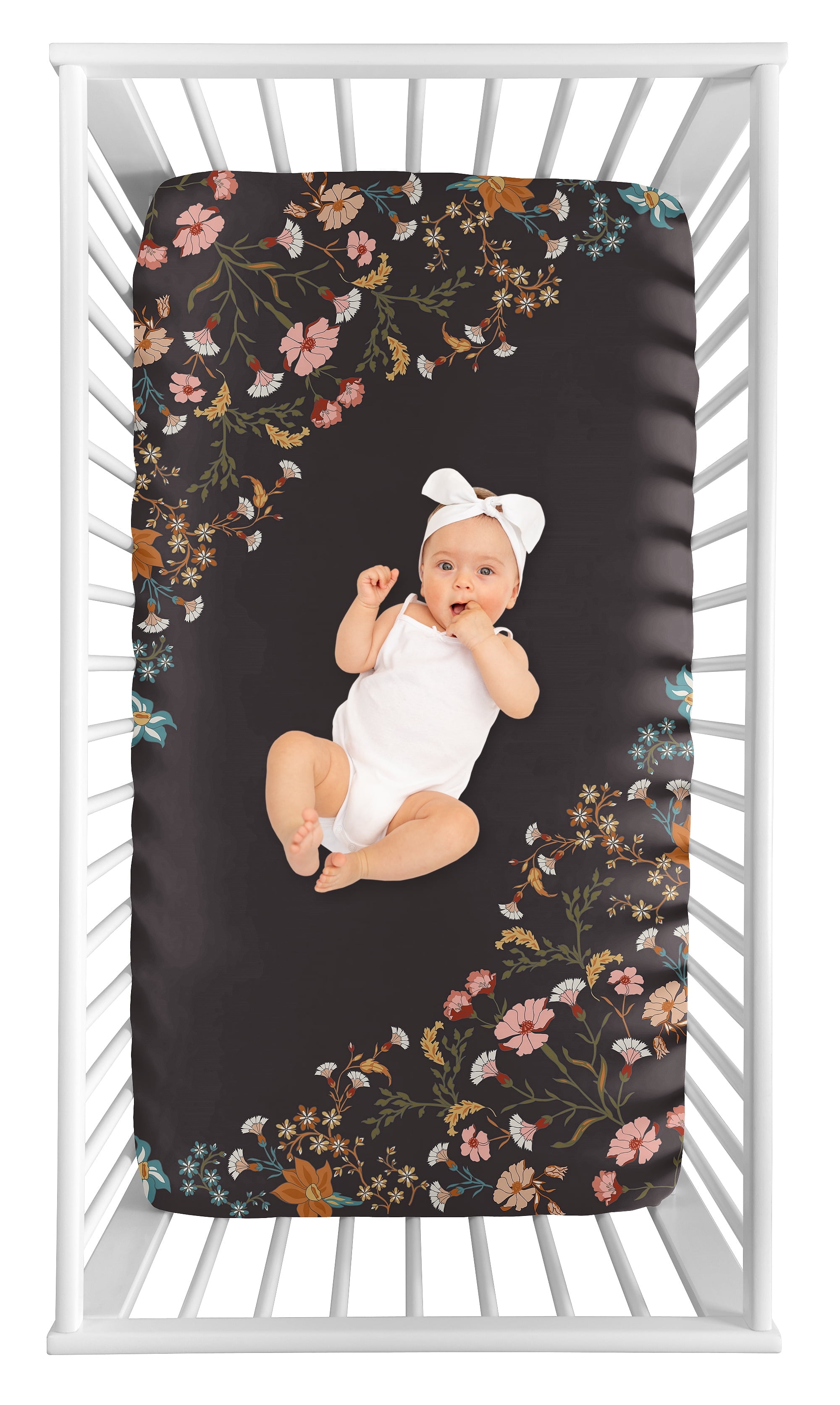 Sweet Jojo Designs Boho Floral Wildflower Black and Orange Girl Photo Op Fitted Crib Sheet